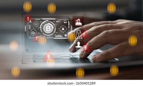 Hands typing on laptop keyboard with ransomware alert, bitcoin payment interface, and cybersecurity threat, concept of digital crime and cryptocurrency attack.