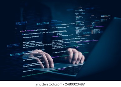 Hands typing on laptop with programming code on screen, representing software development. Perfect for coding, IT solutions, digital technology, web applications.