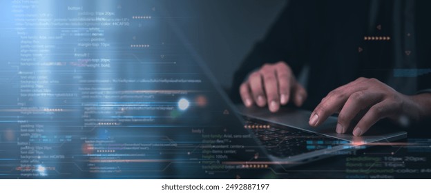 Hands typing on laptop with programming code on screen, representing software development. Perfect for coding, IT solutions, digital technology, web applications.