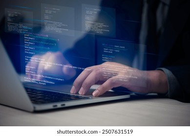 Hands typing on laptop with programming code on screen, representing software development. Perfect for coding, IT solutions, digital technology, web applications. - Powered by Shutterstock