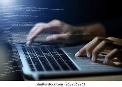 Hands typing on laptop with programming code on screen, representing software development. Perfect for coding, IT solutions, digital technology, web applications.