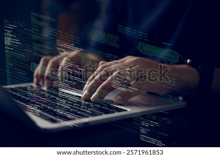 Hands typing on laptop with programming code on screen, representing software development. Perfect for coding, IT solutions, digital technology, web applications.