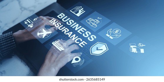 Hands typing on laptop with translucent insurance icons overlay, modern digital graphic style, blue gradient background, symbolizing business protection
