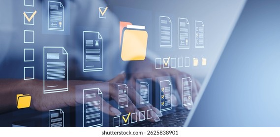 Hands typing on a laptop with transparent digital documents and folders overlayed, futuristic business technology on a blue background, concept of cloud data management and organization - Powered by Shutterstock - Get 15% off with code: PIKWIZARD15