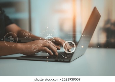 Hands typing on a laptop with virtual AI and automation icons, symbolizing the integration of artificial intelligence in digital workflows.