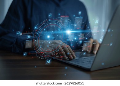 Hands typing on laptop with virtual AI technology interface for machine learning, data analysis, and advanced business solutions.