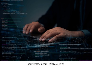 Hands typing on a laptop with visible coding and encryption data, representing cybersecurity and software development. Ideal for IT security, programming, and coding education.