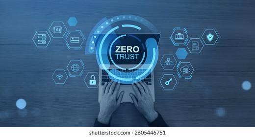 Hands typing on a laptop with Zero Trust cybersecurity concept, digital security icons, and futuristic interface on a wooden desk. Represents secure network access