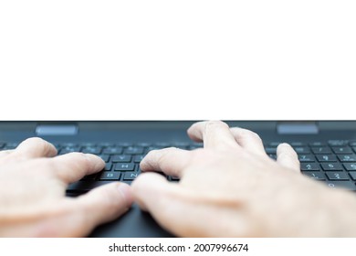 Hands typing on a notebook keyboard with the blank screen available for filling