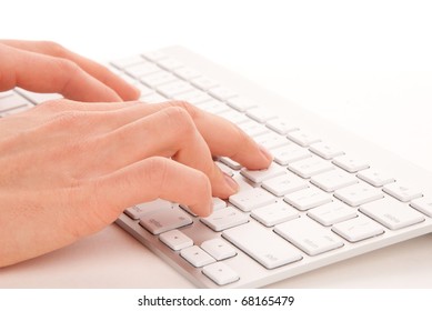  Hands Typing On The Remote Wireless Computer Keyboard In An Office At A Workplace Isolated On A White Background