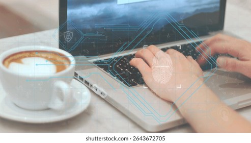 Hands typing on silver laptop on marble table in cafe, with fingerprint overlay and cappuccino. Technology, innovation, business, workspace, modern, productivity, digital