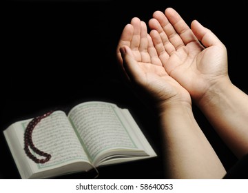 Hands Up, Islamic Praying, Koran Beside