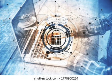 Hands using laptop with creative data protection interface. Safety and protection concept. Multiexposure