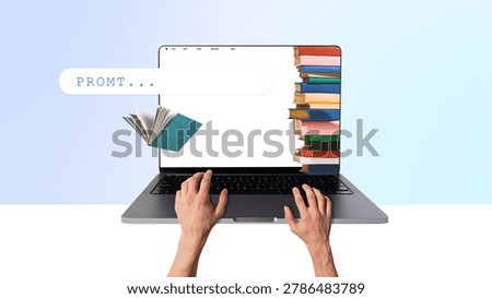 Hands using laptop with digital learning prompt and floating books. Concept of online education, course search, creative study platforms, e learning banners, school ads.