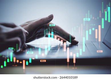 Hands using laptop keyboard with financial candlestick chart overlay, digital style, blurred office background, concept of forex and stock trading