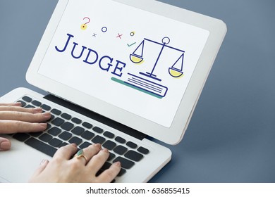 Hands Using Laptop With Scale Icon And Legal Court Word Concept