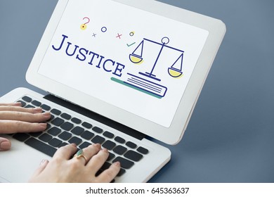 Hands Using Laptop With Scale Icon And Legal Court Word Concept