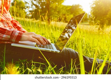 Hands Using Laptop And Typing In Summer Grass