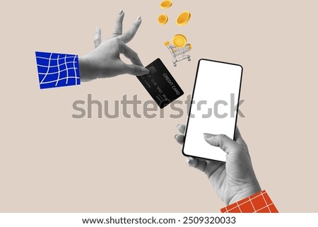 Hands using mobile black screen and cadet card, shopping cart online shopping concept isolated on drawing background. Art collage digital pop modern art.