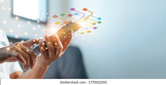 Hands Using Mobile Payments, Digital Marketing. Banking Network. Online Shopping And Icon Customer Networking Connection On Virtual Screen, Business Technology Concept