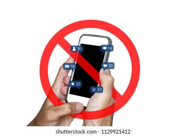 Hands Using Mobile Smart Phone And Social Media, Social Network Notification Icons, With Not Allow Sign, Isolated On White Background