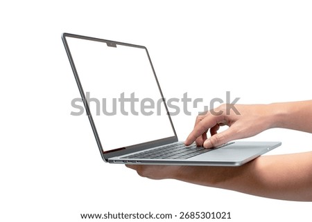 Hands using a modern laptop with customizable blank screen. Isolated on white background. Concept for technology, business, finance and advertising.