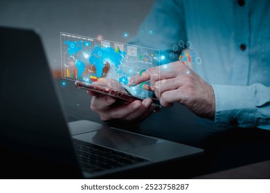 Hands using phone with digital interface , Stock market analysis with digital screen - Powered by Shutterstock