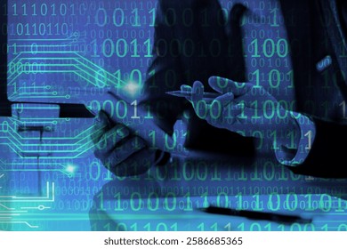 Hands using a smartphone with binary code overlay. Technology, smartphone, and binary code concept. Digital interface and data communication theme. Business image. - Powered by Shutterstock - Get 15% off with code: PIKWIZARD15
