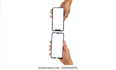 hands using smartphone with blank screen, isolated on white background, Close up of hand holding modern smart phone mockup. New modern black frameless smartphone mockup with blank white screen.