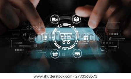 Hands Using Smartphone with Digital Shopping Cart and E-commerce Icons Representing Online Retail Experience and Modern Consumer Technology. Entropy.