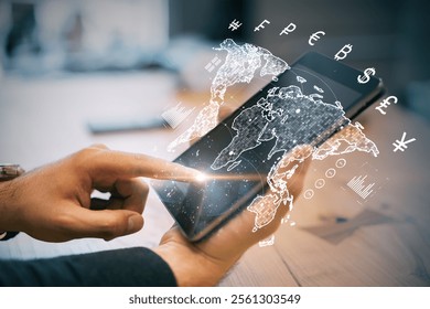 Hands using a smartphone with holographic icons and world map, modern digital interface, wooden desk background, concept of global finance
