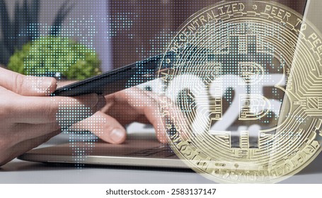 Hands Using Smartphone and Laptop with Overlay of Bitcoin Cryptocurrency Symbol, Digital World Map