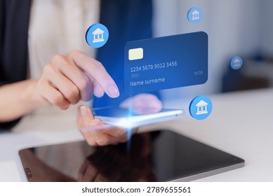 hands using smartphone with virtual credit card and banking icons holographic display for mobile payment and fintech