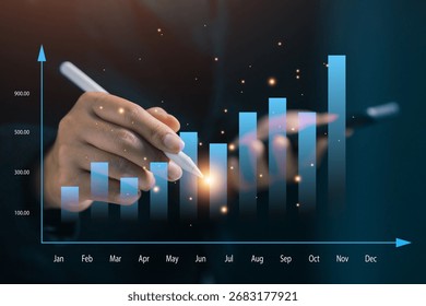 Hands using stylus with glowing bar chart, representing business growth, revenue performance, data analysis, and financial success in modern corporate strategy.