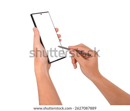 Hands using stylus pen on blank smartphone screen isolated on white background. Technology, business and advertising concept.
