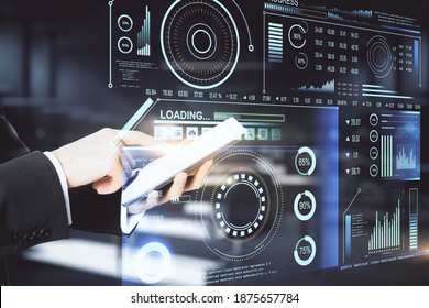 Hands using tablet computer with abstract big data interface. Business and technology concept. Double exposure