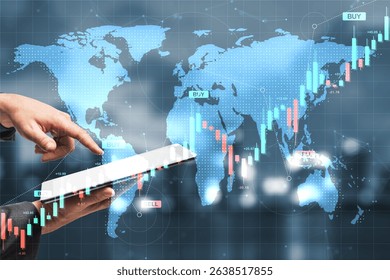 Hands using a tablet with digital forex charts and graphs over a glowing world map background, concept of global financial trading and economy