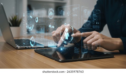 Hands using a tablet interact with a vibrant holographic interface showcasing data analytics, user profiles, and business intelligence for improved workflow. Modern technology concept.