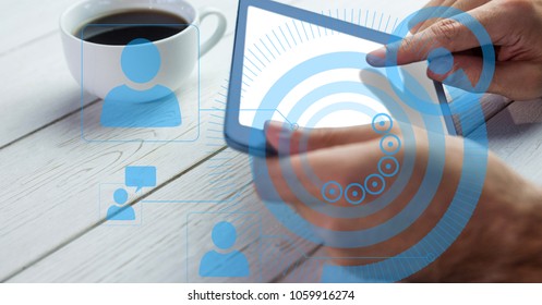 Hands using tablet PC with overlays