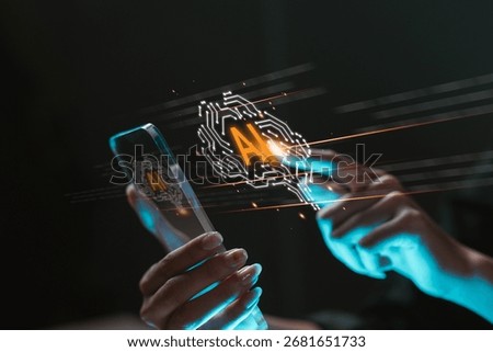 Hands using transparent smartphone with glowing AI brain symbol and data motion effect. Concept of artificial intelligence, high-speed digital connection, and futuristic mobile technology.