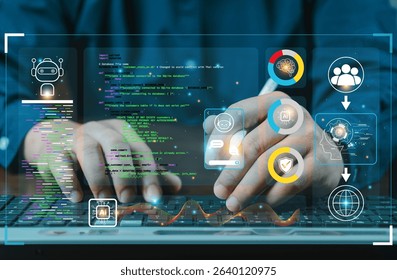 hands using typing keyboard with creative binary coding hologram on blurry background. Software programming code. Technology, web safety and programming concept.