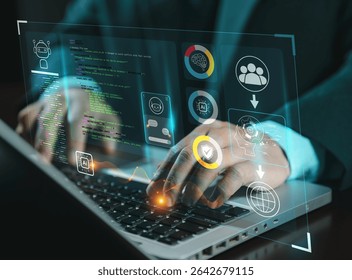 hands using typing keyboard with creative binary coding hologram on blurry background. Software programming code. Technology, web safety and programming concept.