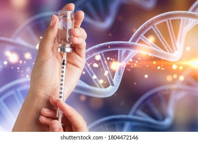 Hands With Vaccine And Cience Original Biotechnology DNA Illustration