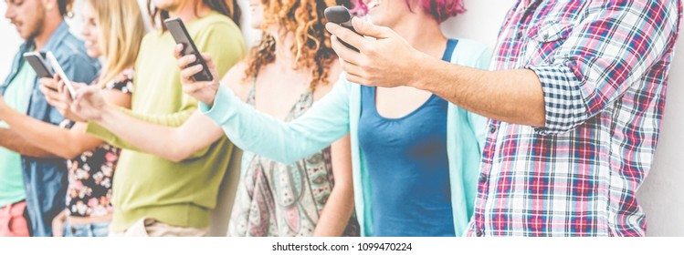 Hands View Of People Using Smartphones Outdoor - Young Friends Having Fun With Technology Trends - Youth, Tech, Millennials Generation And Lifestyle Concept - Soft Focus On First Man Hand Mobile Phone