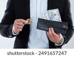 Hands, wallet and crypto coin with paper cash in studio for choice, decision or finance by white background. Person, fiat money and invest in blockchain, trading or virtual gold for financial freedom