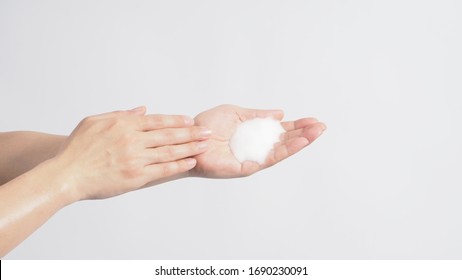 Hands Washing Gesture With Foaming Hand Soap On White Background.
