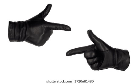 Hands wearing black leather gloves make the finger guns or pointing gesture, view from front and back.  Female hand isolated, no skin - Shutterstock ID 1720681480