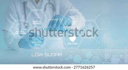 Hands wearing blue gloves interacting with glowing hexagonal infographics about healthy eating principles and low sugar lifestyle choices