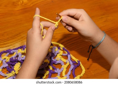 Hands Weaving With Needles Yellow Wool Crocheting, Occupation, Waldorf Education.