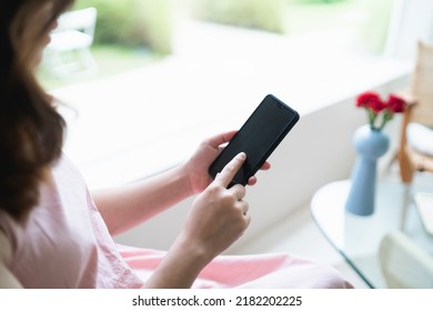 Hand's Woman Hold Mobile Phone Text Or Message. Businesswoman Use Modern Smartphone To Browse Web, Read E-book, Trade Stocks.